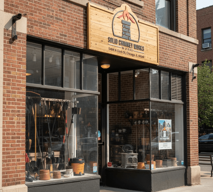 Solid Chimney Works storefront in Chicago showing professional equipment and tools